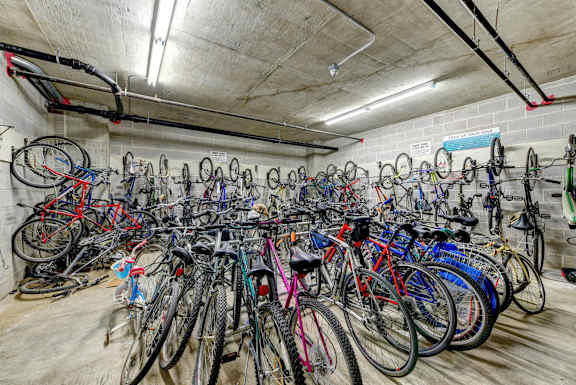 Bicycle storage room at Lincoln Park Plaza Apartments, Chicago