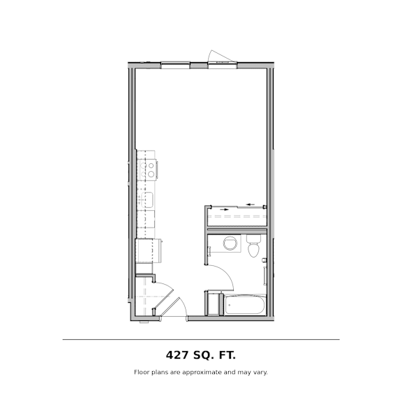 427 square foot studio floor plan at The Briar Apartments, Bellevue, Washington