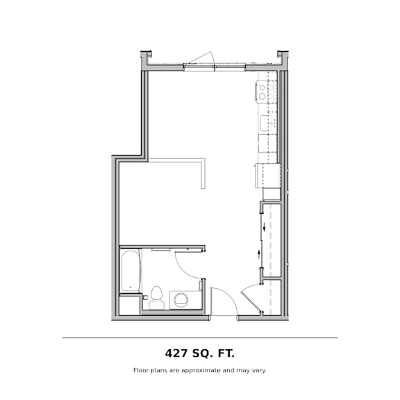 Studio apartment floor plan with bathroom layout at The Briar Apartments, Bellevue