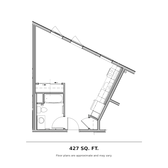 Studio floor plan with sloped ceiling and kitchen at The Briar Apartments, Washington