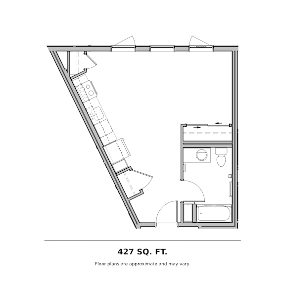 Studio floor plan with angled wall and bathroom at The Briar Apartments, Washington, 98005