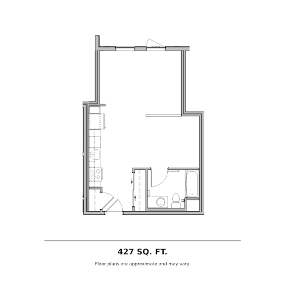 Studio floor plan with open layout and bathroom at The Briar Apartments, Bellevue, WA 98005