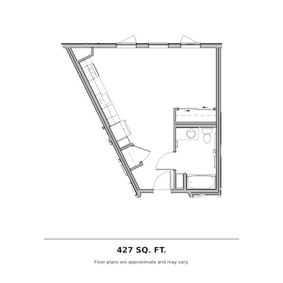 Compact studio floor plan with angled kitchen layout at The Briar Apartments, Bellevue, WA