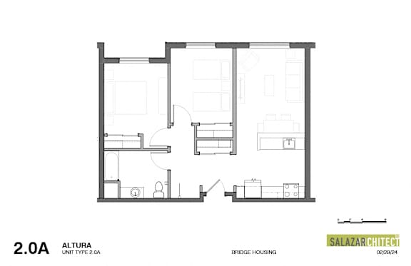 A floor plan for a 2.0A unit type by Salazar Architect.