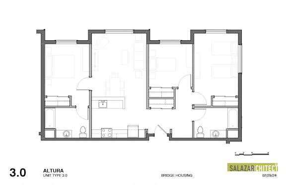 A floor plan of a bridge housing unit by Salazar Architect.