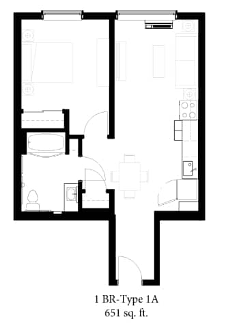 A black and white image of a floor plan for a 1 BR-Type 1A apartment sized 651 sq.ft.