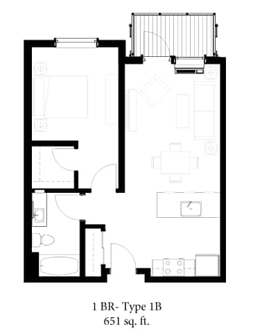 A black and white image of a floor plan for a 1 BR Type 1B apartment sized at 651 sq.ft.