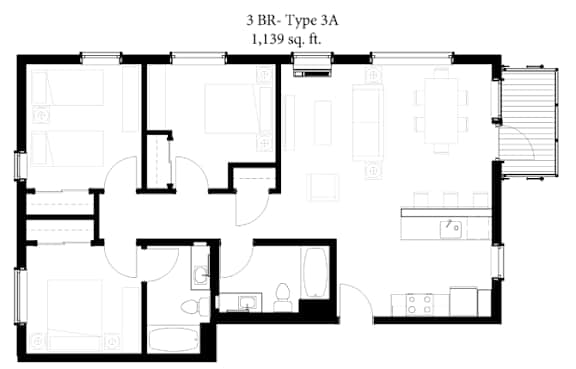 A black and white image of a 3 bedroom, 3 bathroom apartment.