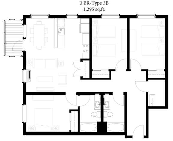 A black and white image of a 3BR-Type 3B apartment floor plan totaling 1,295 sq.ft.