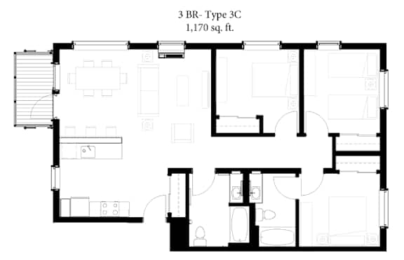 A black and white image of a 3BR Type 3C apartment floor plan with a total area of 1,170 sq. ft.