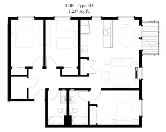 A black and white image of a 3BR Type 3D floor plan with a total area of 1,237 square feet.