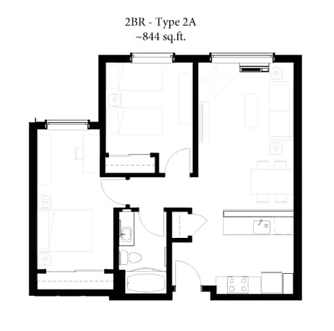 A black and white image of a 2BR Type 2A apartment that is approximately 844 square feet.