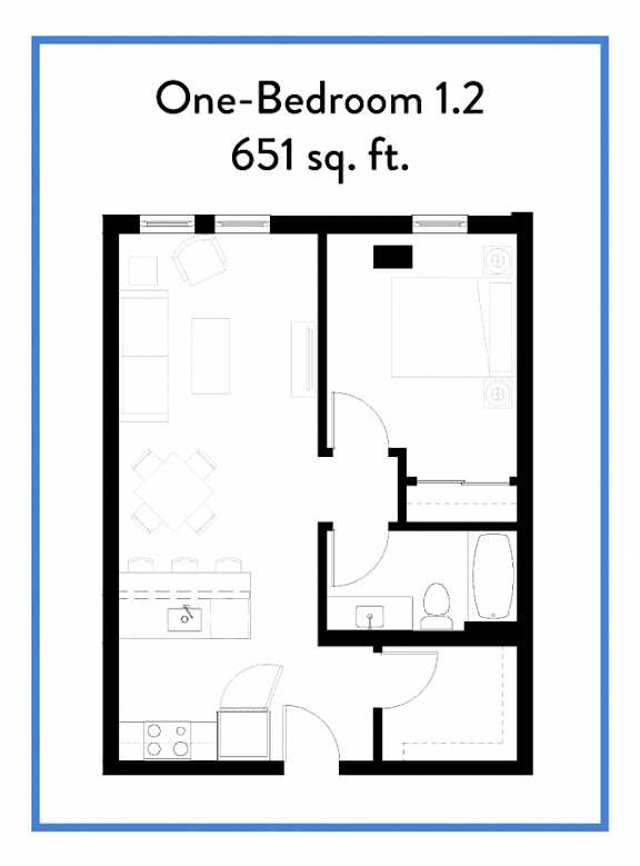 A floor plan of a one-bedroom apartment sized 651 sq. ft.