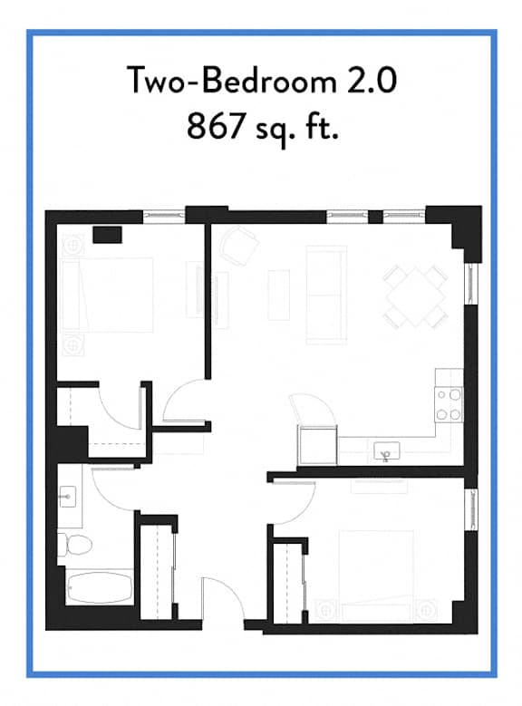 A floor plan of a two bedroom apartment sized 867 sq.ft.