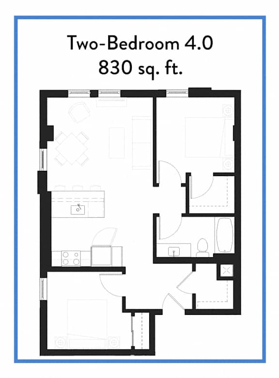 A floor plan of a two-bedroom 4.0 apartment with an area of 830 sq.ft.