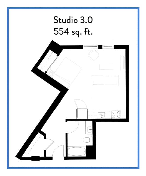 A floor plan of Studio 3.0 which is 554 square feet.