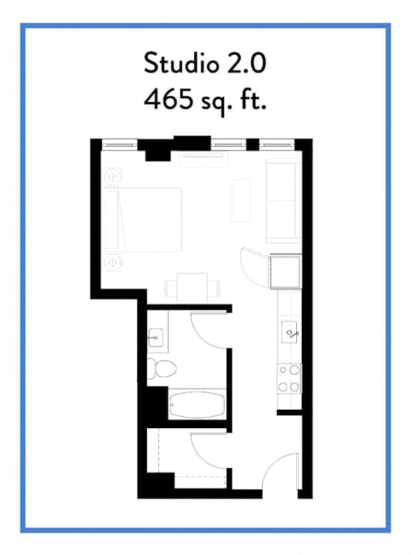 A floor plan of a studio apartment sized at 465 sq. ft. is displayed.