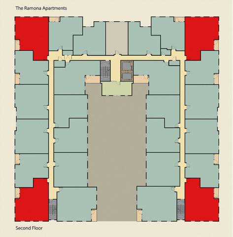 A floor plan of The Ramona Apartments showing the layout of the rooms on the second floor.
