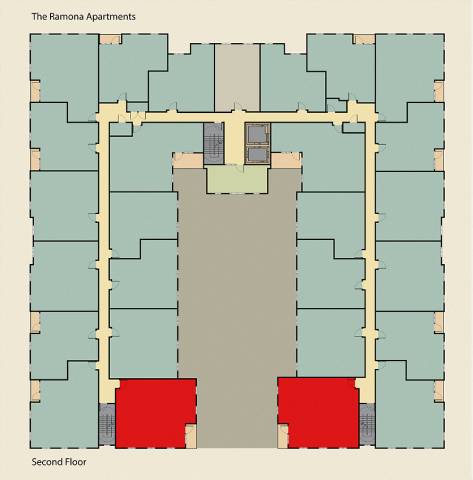 A floor plan of The Ramona Apartments showing the layout of the rooms on the second floor.