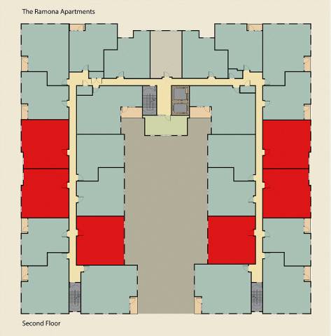 A floor plan of The Ramona Apartments showing the layout of the second floor.