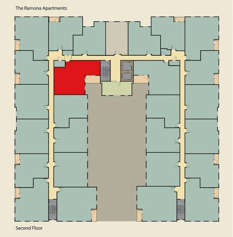 A floor plan of The Ramona Apartments showing the layout of the second floor.