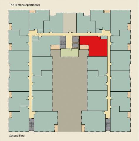 A floor plan of The Ramona Apartments showing the layout of the rooms on the second floor.