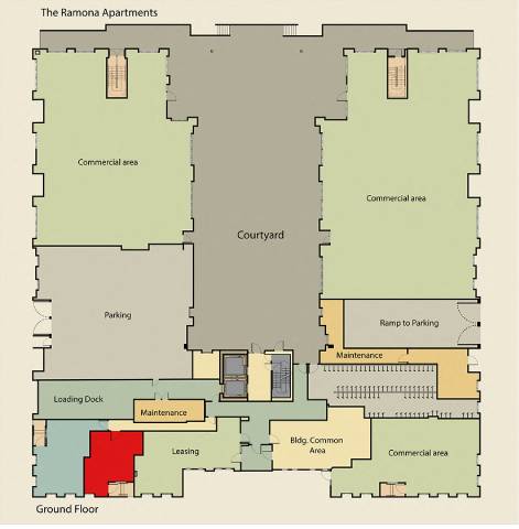A floor plan of the Ramona Apartments showing the layout of the rooms and areas.