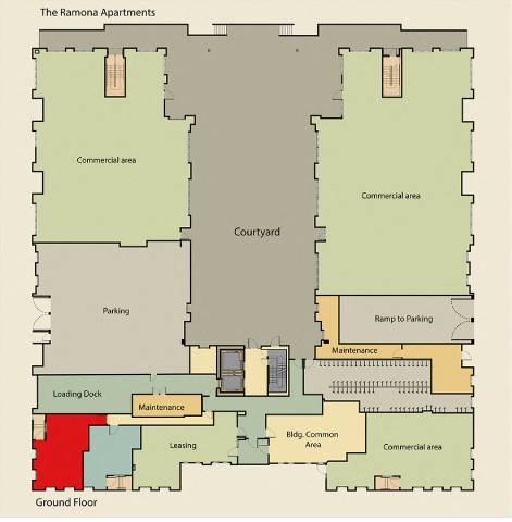 A floor plan of the Ramona Apartments showing the layout of the ground floor.