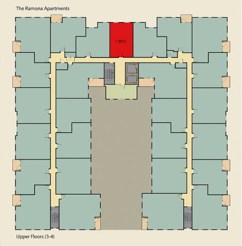 A floor plan of The Ramona Apartments showing the layout of the rooms on the upper floors.