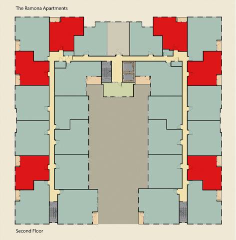 A floor plan of The Ramona Apartments showing the layout of the rooms on the second floor.