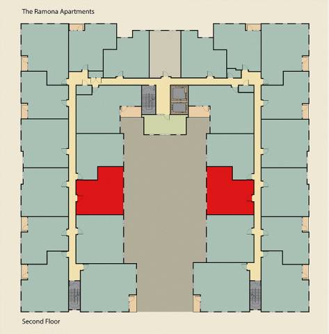 A floor plan of The Ramona Apartments showing the layout of the rooms on the second floor.