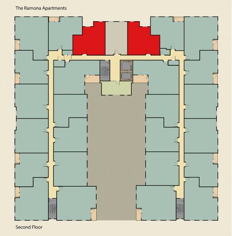 A floor plan of The Ramona Apartments shows a second floor with multiple units and a central stairwell.