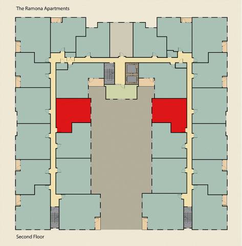 A floor plan of The Ramona Apartments showing the layout of the second floor.