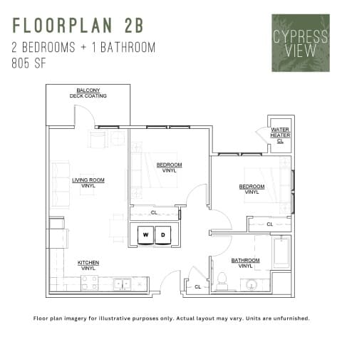 A floor plan for a 2B apartment with 2 bedrooms and 1 bathroom.