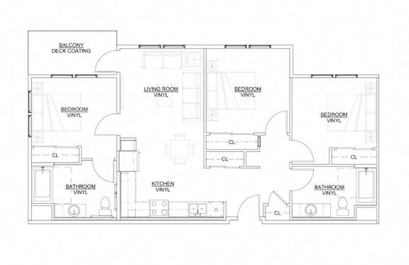 A floor plan of a house with three bedrooms, a living room, a kitchen, and two bathrooms.
