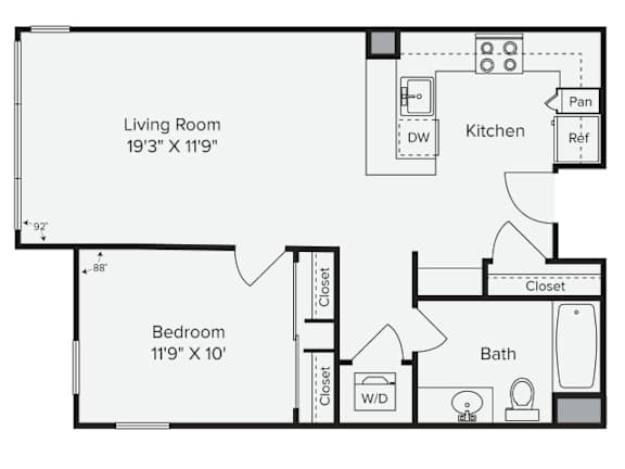 A floor plan of a small apartment with a living room, bedroom, and kitchen. at View Point Apartments, Berkeley, California
