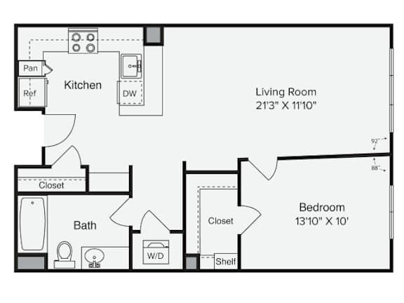 A floor plan of a small apartment with a kitchen, living room, bedroom, and bathroom. at View Point Apartments, California