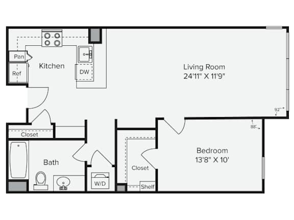 A floor plan of a living room, kitchen, and bedroom. at View Point Apartments, California, 94710