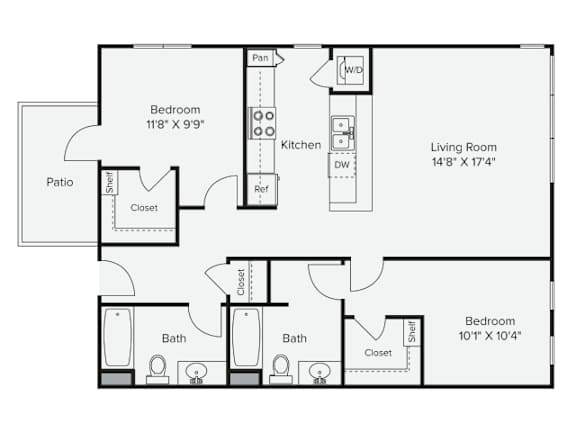 A floor plan of a home with a living room, two bedrooms, a patio, and a kitchen.