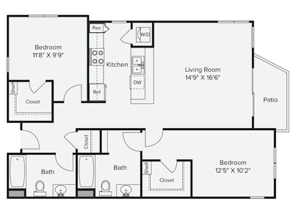 A floor plan of a house with two bedrooms, a living room, a kitchen, two bathrooms, and a patio. at View Point Apartments, Berkeley, 94710