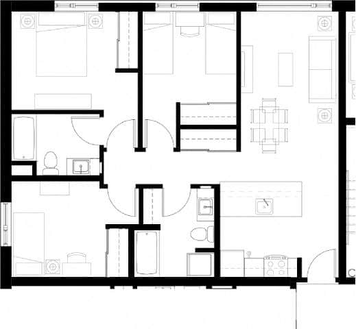 A black and white floor plan of a house with a central hallway.