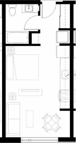 A black and white drawing of a floor plan with a kitchen, living room, and bathroom.