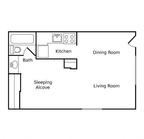 A floor plan of a living space with a kitchen, dining room, and sleeping alcove.