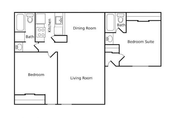 A floor plan of a living space with a bedroom, bathroom, and kitchen.