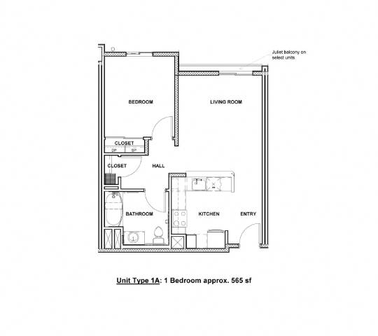 A floor plan of a 1 Bedroom apartment that is approximately 565 square feet.