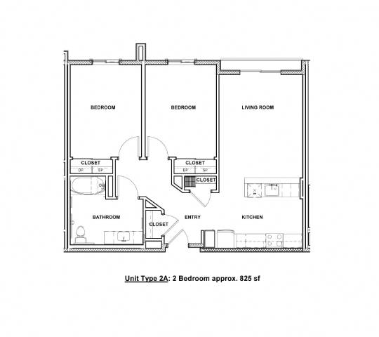 A floor plan of a 2 bedroom apartment with an approximate size of 825 square feet.