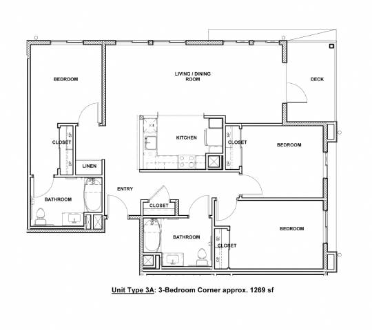 A floor plan of a 3-bedroom corner apartment.
