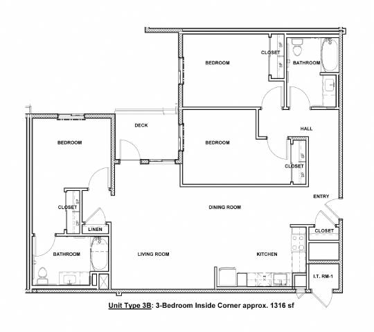 A black and white image of a floor plan for a 3-bedroom inside corner apartment.