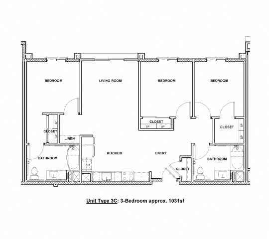 A floor plan of a 3-bedroom apartment is shown.