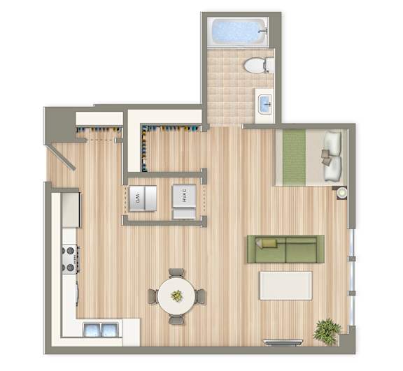 A floor plan of a house with a kitchen, living room, dining room, and bathroom.